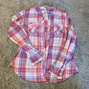 Justice plaid button down shirt with adjustable sleeves, girls size 14